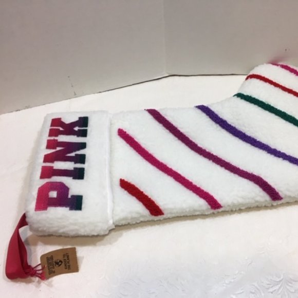 Victoria’s Secret Pink Christmas Stocking Fuzzy Fur White w/Multicolored Stripes - Picture 3 of 6
